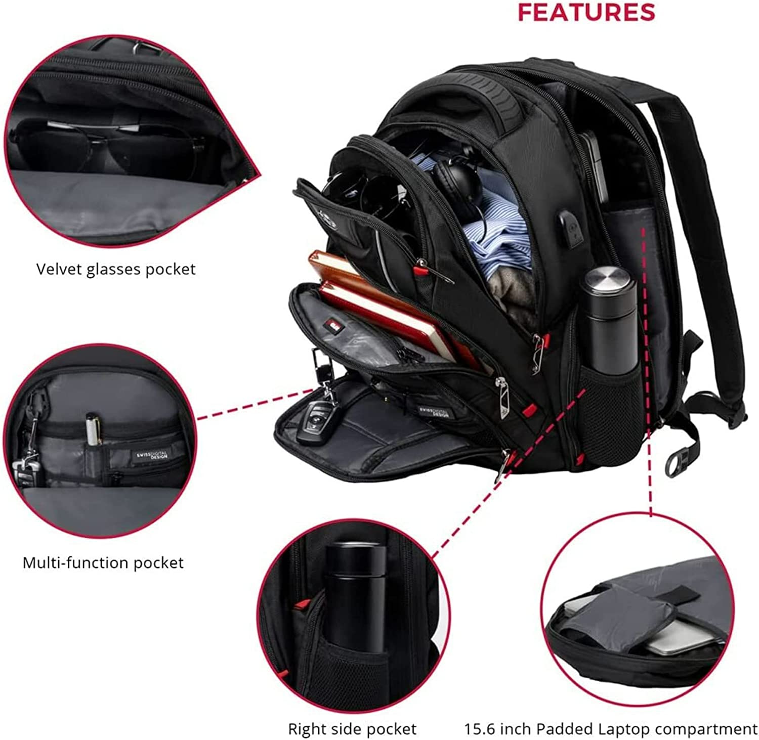 Swissdigital Design Circuit College Business Travel Backpack TSA Friendly Built in USB Charging RFID Protection Fits Laptops up to 15.6" Black (J14-BR) - Image 6
